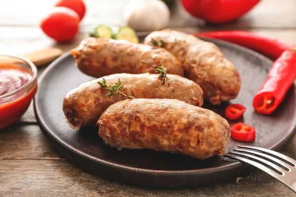 Plate Tasty Grilled Sausages Table — Stock Photo, Image