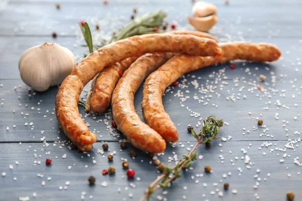 Tasty Grilled Sausages Spices Table — Stock Photo, Image