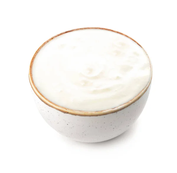 Tigela Com Iogurte Saboroso Fundo Branco — Fotografia de Stock