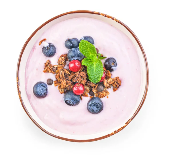 Bowl Tasty Yogurt Granola Berries White Background — Stock Photo, Image