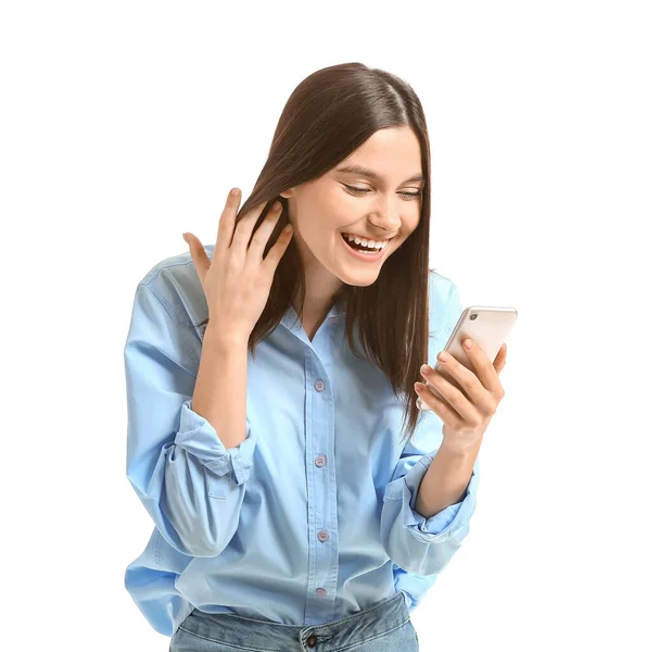 Happy Young Woman Mobile Phone White Background — Stock Photo, Image