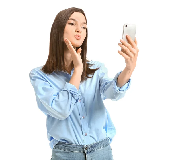 Beautiful Young Woman Taking Selfie White Background — Stock Photo, Image