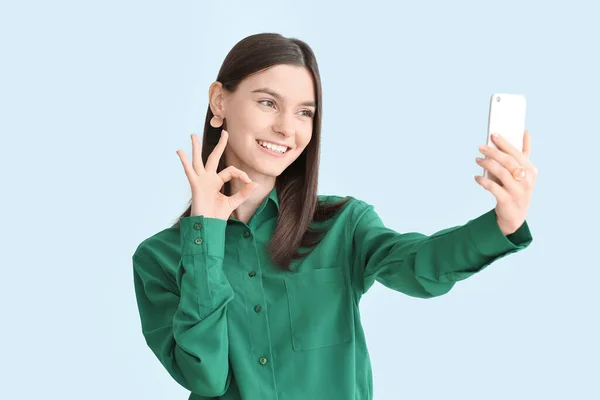 Beautiful Young Woman Taking Selfie Color Background — Stock Photo, Image