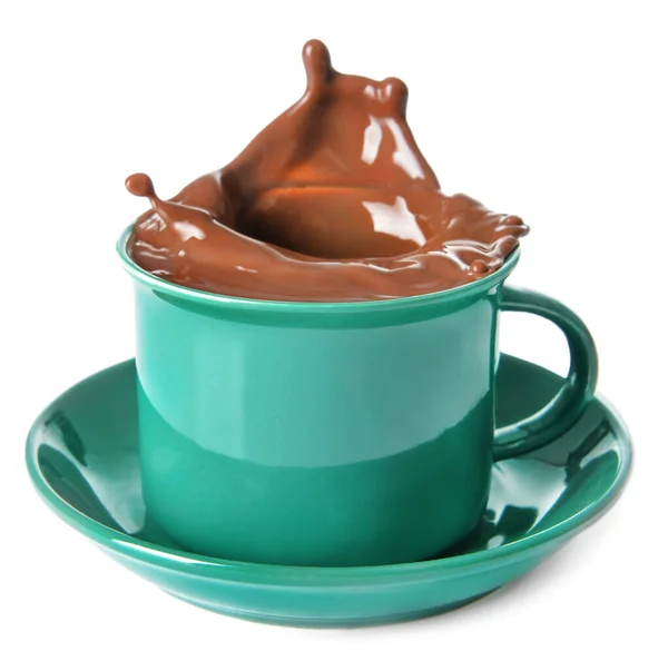 Éclaboussure Chocolat Chaud Dans Une Tasse Sur Fond Blanc — Photo