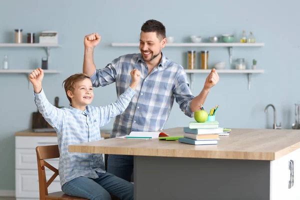 Happy Father His Little Son Doing Lessons Home — Stock Photo, Image