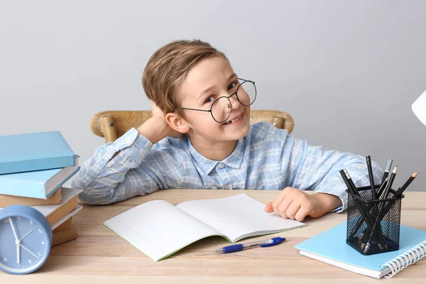 Cute Little Boy Doing Homework Table — Stock Photo, Image