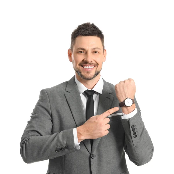 Zakenman Met Horloge Witte Achtergrond Tijdbeheerconcept — Stockfoto