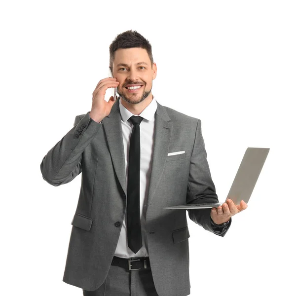 Businessman Laptop Talking Phone White Background — Stock Photo, Image