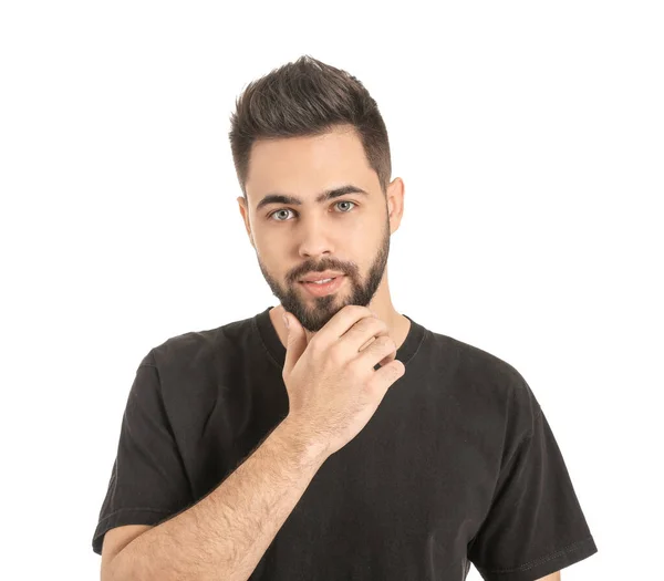 Bonito Homem Com Cabelo Saudável Fundo Branco — Fotografia de Stock