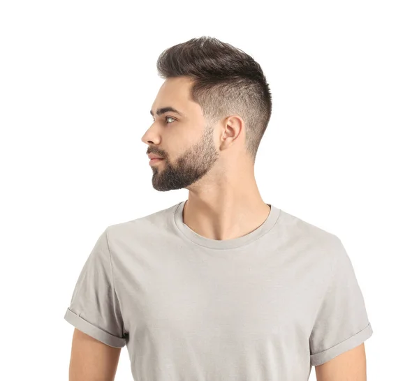 Hombre Guapo Con Cabello Sano Sobre Fondo Blanco — Foto de Stock