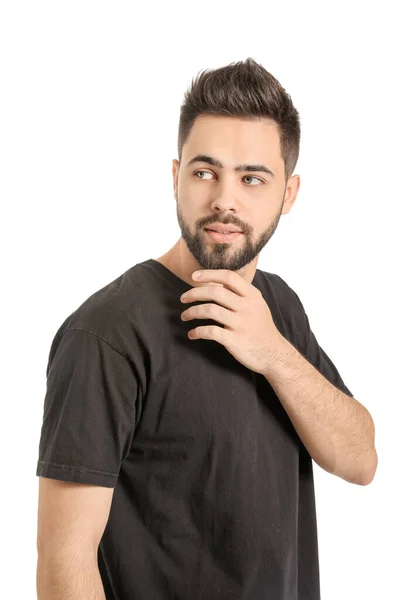 Schöner Mann Mit Gesundem Haar Auf Weißem Hintergrund — Stockfoto