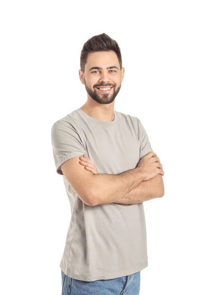 Bonito Homem Com Cabelo Saudável Fundo Branco — Fotografia de Stock