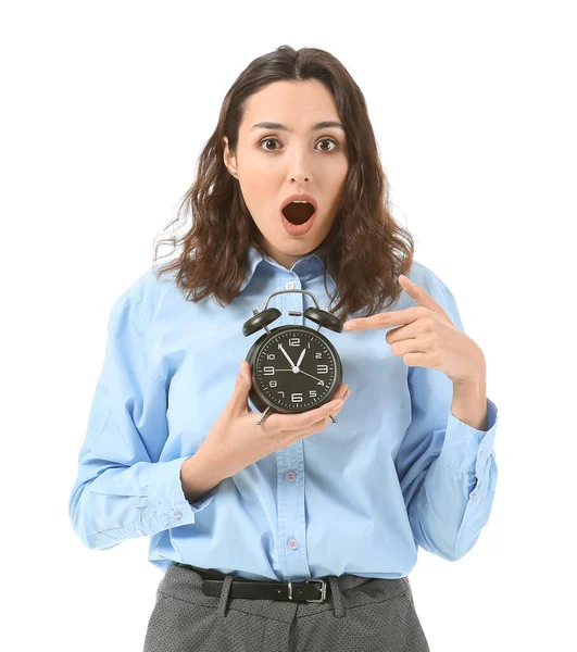 Shocked Businesswoman Alarm Clock White Background Time Management Concept — Stock Photo, Image