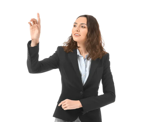 Geschäftsfrau Mit Virtuellem Bildschirm Auf Weißem Hintergrund — Stockfoto