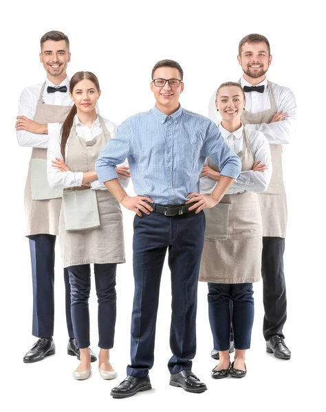 Grupo Camareros Con Profesor Sobre Fondo Blanco — Foto de Stock