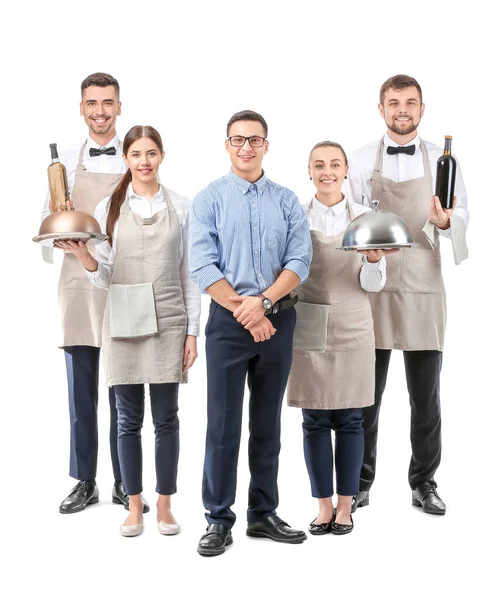 Grupo Camareros Con Profesor Sobre Fondo Blanco — Foto de Stock