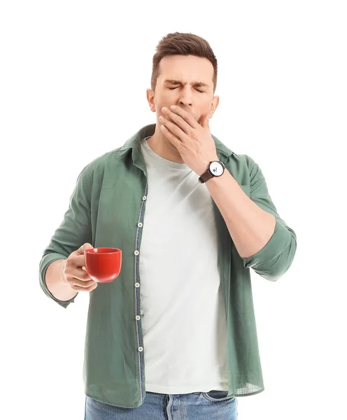 Sömnig Man Med Kaffe Vit Bakgrund — Stockfoto