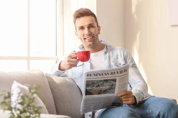 Handsome Man Drinking Coffee Reading Newspaper Home — Stock Photo, Image