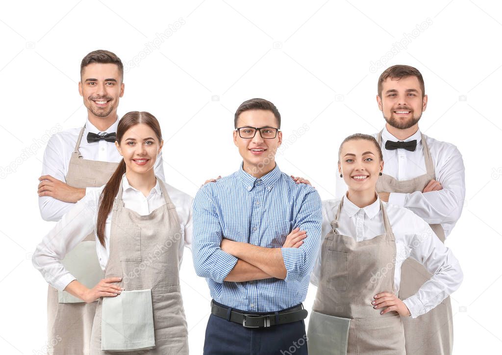 Group of waiters with teacher on white background