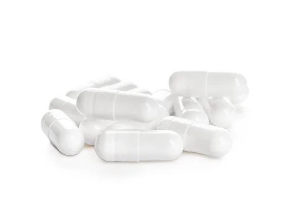 Heap Van Pillen Witte Achtergrond — Stockfoto