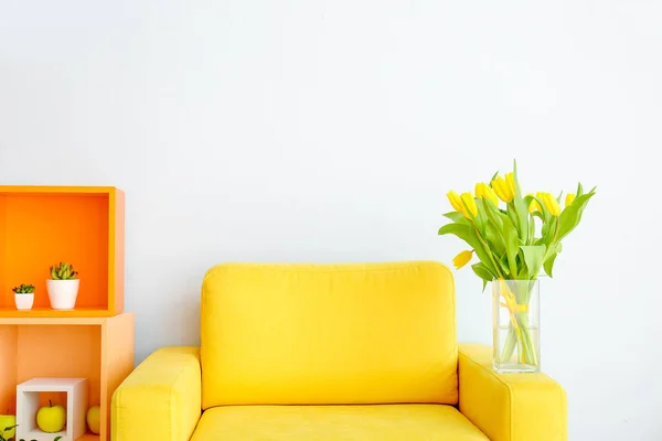 Interior Modern Room Comfortable Armchair Shelf Unit Spring Flowers Light — Stock Photo, Image