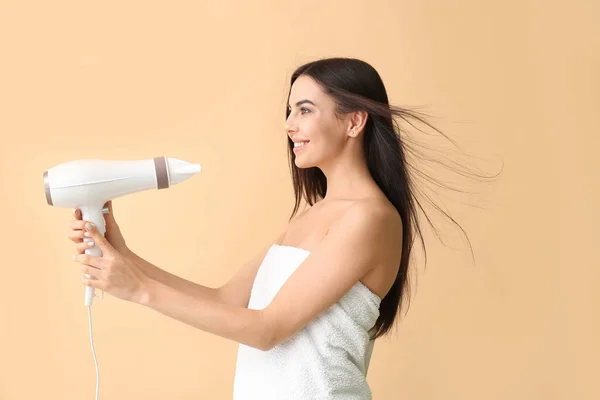 Beautiful Young Woman Hair Dryer Color Background — Stock Photo, Image