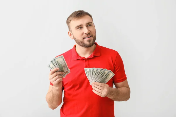 Handsome Young Man Money Light Background — Stock Photo, Image