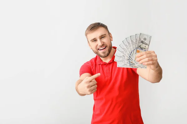 Handsome Young Man Money Light Background — Stock Photo, Image