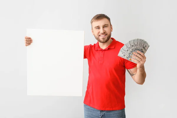 Handsome Young Man Money Blank Poster Light Background — Stock Photo, Image