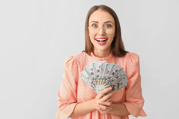 Happy Young Woman Money Light Background — Stock Photo, Image