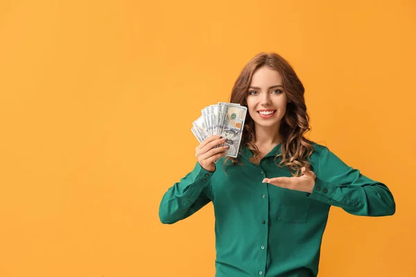 Happy Young Woman Money Color Background — Stock Photo, Image