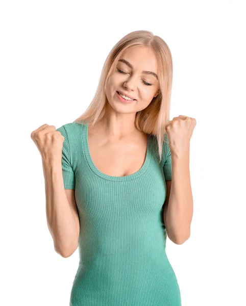 Retrato Joven Feliz Sobre Fondo Blanco — Foto de Stock