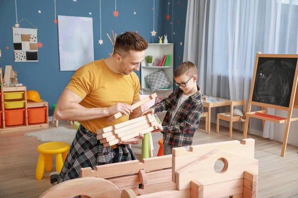 Father Little Son Playing Take Apart House Home — Stock Photo, Image