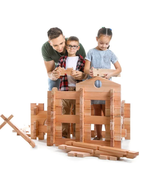 Father Little Children Playing Take Apart House White Background — Stock Photo, Image