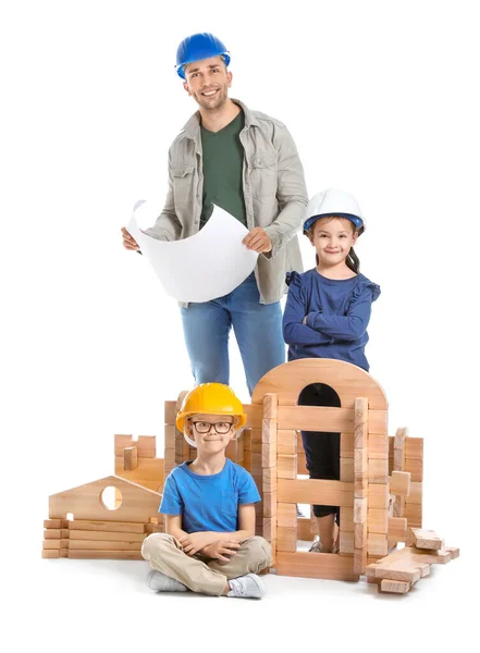 Father Little Children Dressed Builders Playing Take Apart House White — Stock Photo, Image