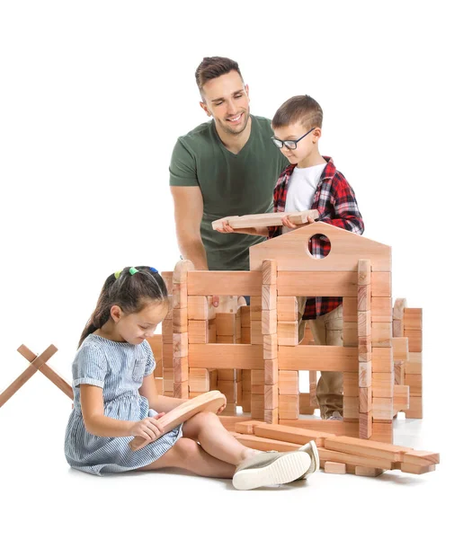 Father Little Children Playing Take Apart House White Background — Stock Photo, Image