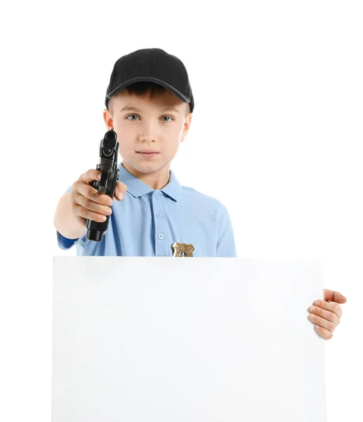 Kleine Politieagent Met Blanco Poster Witte Achtergrond — Stockfoto