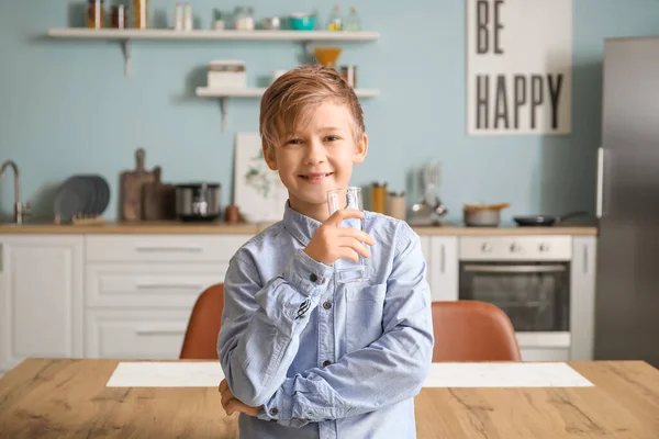 Cute Little Boy Drinking Water Kitchen — Stock Photo, Image