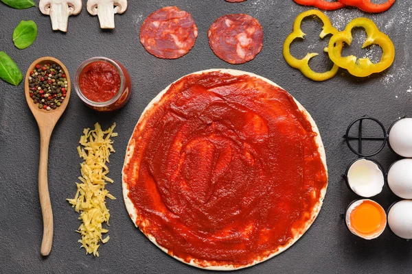 Ingredients Tasty Pizza Dark Background — Stock Photo, Image