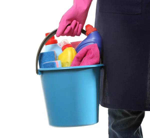 Female Janitor Cleaning Supplies Bucket White Background — Stock Photo, Image