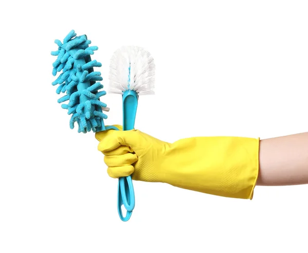 Janitor Com Escovas Limpeza Fundo Branco — Fotografia de Stock