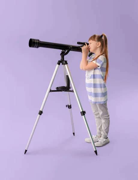 Cute Little Girl Telescope Color Background — Stock Photo, Image