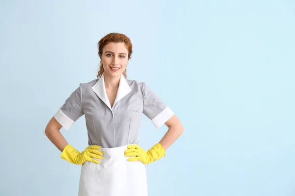 Beautiful Young Chambermaid Color Background — Stock Photo, Image