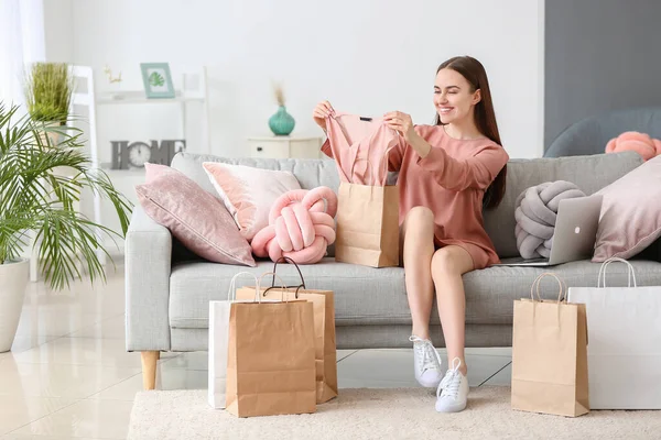 Young Woman Shopping Bags Home — Stock Photo, Image