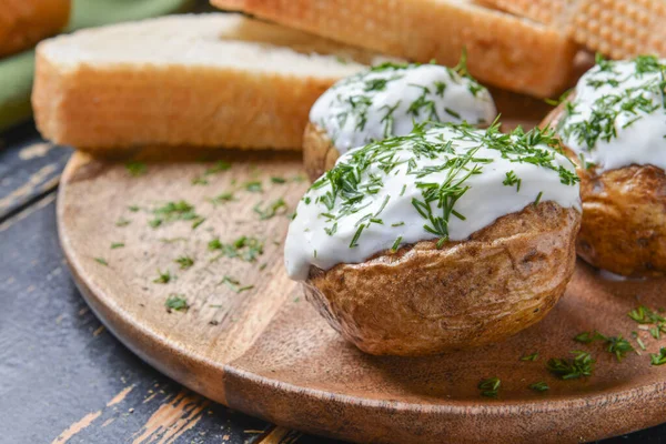 Tasty Baked Potato Sour Cream Plate Closeup — Stock Photo, Image