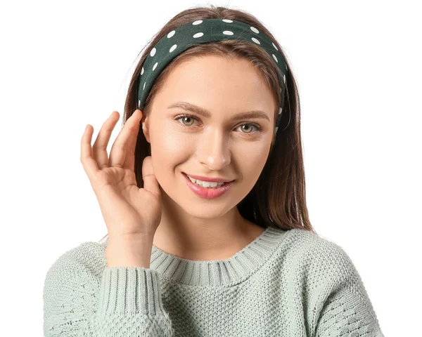 Mulher Bonita Com Cachecol Elegante Fundo Branco — Fotografia de Stock