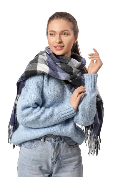 Beautiful Young Woman Stylish Scarf White Background — Stock Photo, Image