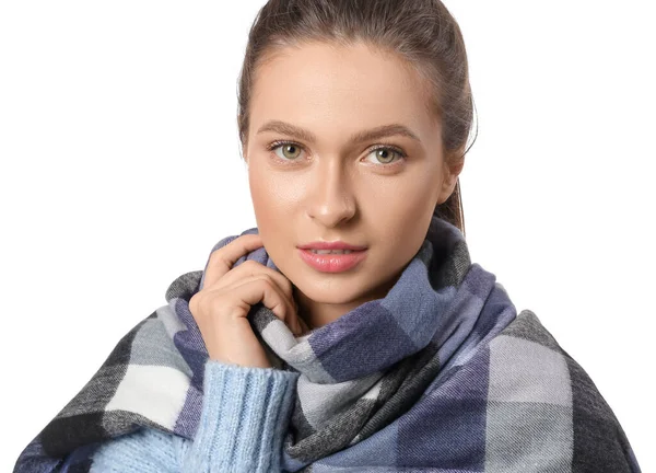 Beautiful Young Woman Stylish Scarf White Background — Stock Photo, Image