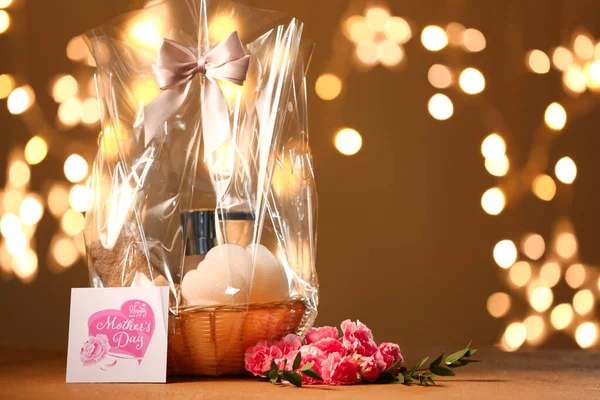 Basket Gifts Flowers Mother Day Table Dark Background — Stock Photo, Image