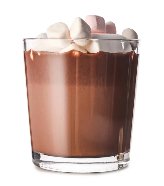 Copo Chocolate Quente Com Marshmallows Fundo Branco — Fotografia de Stock